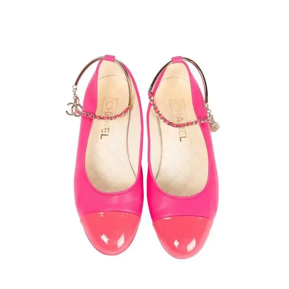 CHANEL Hot Pink Leather Ankle Strap Ballet Flats Size 36 - Picture 2 of 4